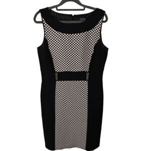 Tahari Women's 8 Sleeveless Sheath Dress Black And Tan Polka Dot Print Faux Belt